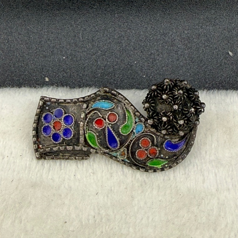 Vintage‎ Chinese Export Enamel Shoe Brooch Silver Tone